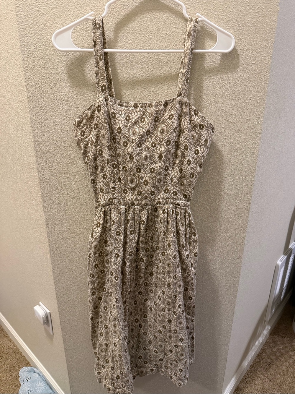 Beige Floral Square-Neck Midi Dress with Wide Straps